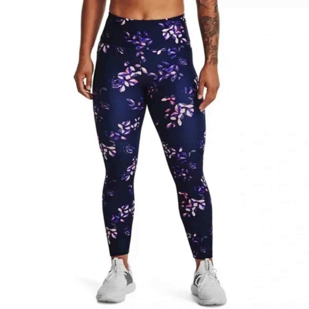 Under Armour 2X High Waisted Floral Compression Leggings Navy Blue Pockets